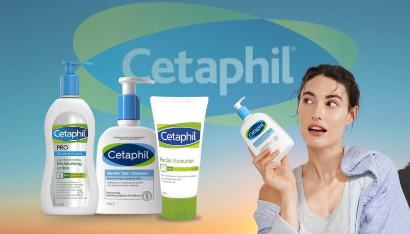 A selection of Cetaphil skincare products displayed alongside a model holding one, set against a branded background