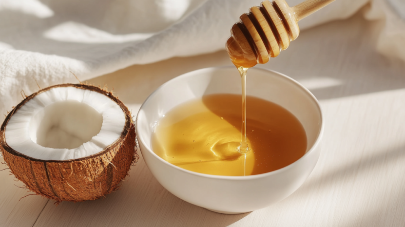 A Bowl of Honey Being Drizzled Over Coconut Milk, with A Coconut Half in The Background