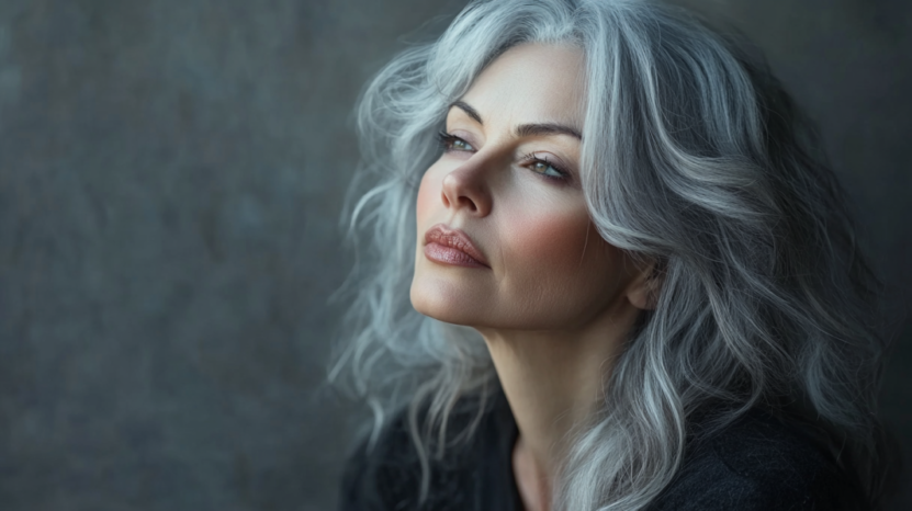 A Woman with Beautiful Gray Hair Looking Thoughtfully to The Side