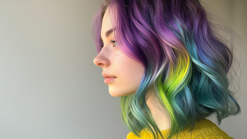 A Person with Multi-Colored Hair in Shades of Purple, Green, and Blue Wears a Yellow Sweater and Poses in Profile