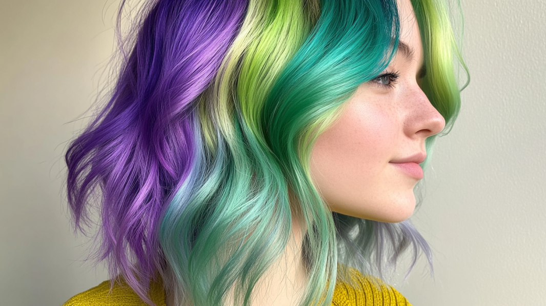 A Person with Multi-Toned Hair Featuring Purple, Green, and Blue Shades