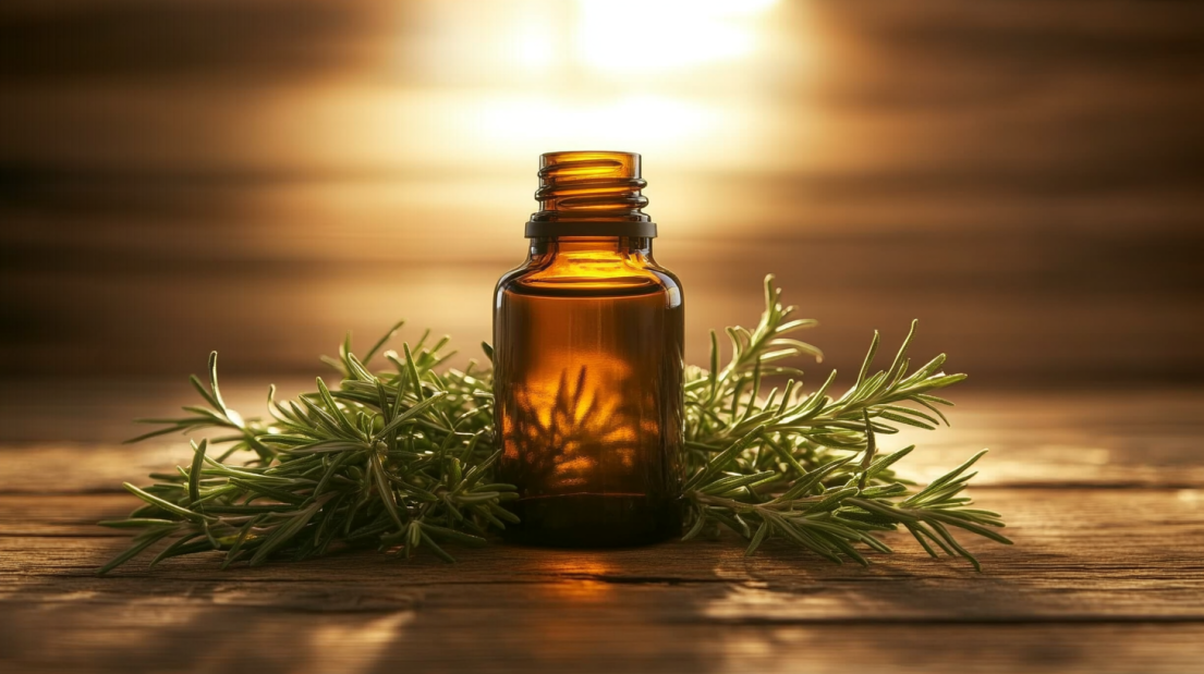 A Bottle of Rosemary Oil Placed on A Wooden Surface with Fresh Rosemary Sprigs Around It